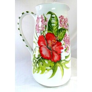 Pier 1 Imports Hand Painted Stoneware Floral Heavy PITCHER VASE Italy 12" VTG